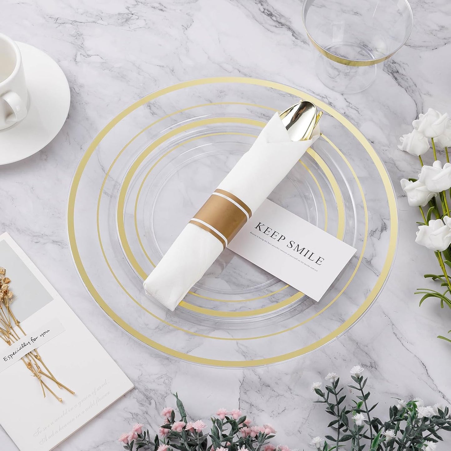 BESTVIP 175PCS Clear Gold Plastic Dinnerware Set, Disposable Party Plates for 25 Guests, Include: 50 Plastic Plates, 25 Pre Rolled Napkins with Silverware, 25 Cups for Christmas, Halloween