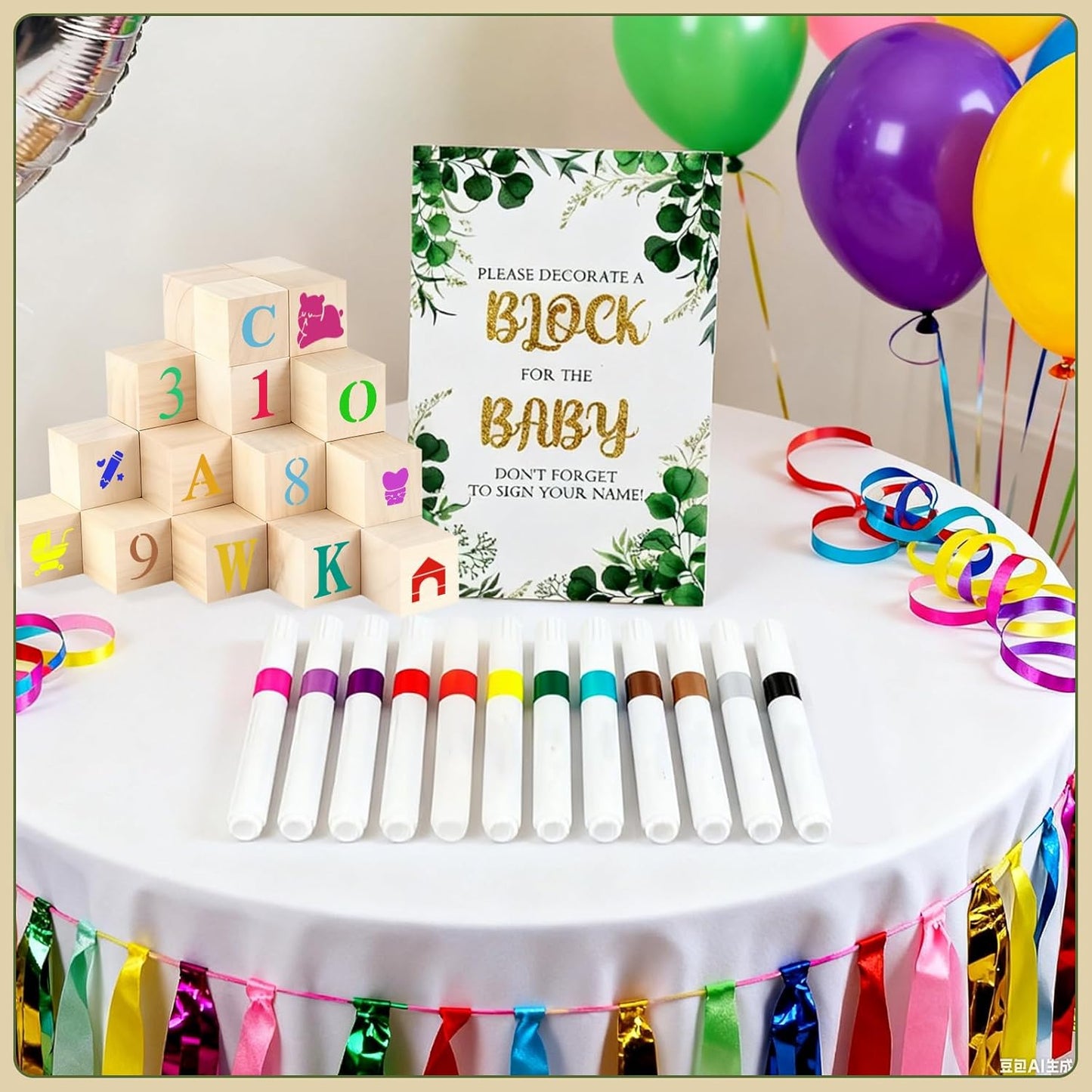 100 Pcs Baby Shower Game Sign Kit Baby Showers Block to Decorate Includes 100 DIY Wooden Blocks 1 Game Sign 12 Colors Pens 76 Templates to Paint Babys Showers Prize for Gender Reveals Party
