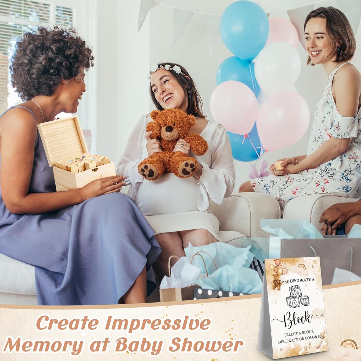 Marsui 136 Pcs Baby Shower Blocks to Decorate Game Kit Includes 98 Wooden Blocks, 36 Markers, 1 Game Sign, 1 Storage Box for Baby Shower Gender Reveal Activity Party Decorations(Brown Bear)