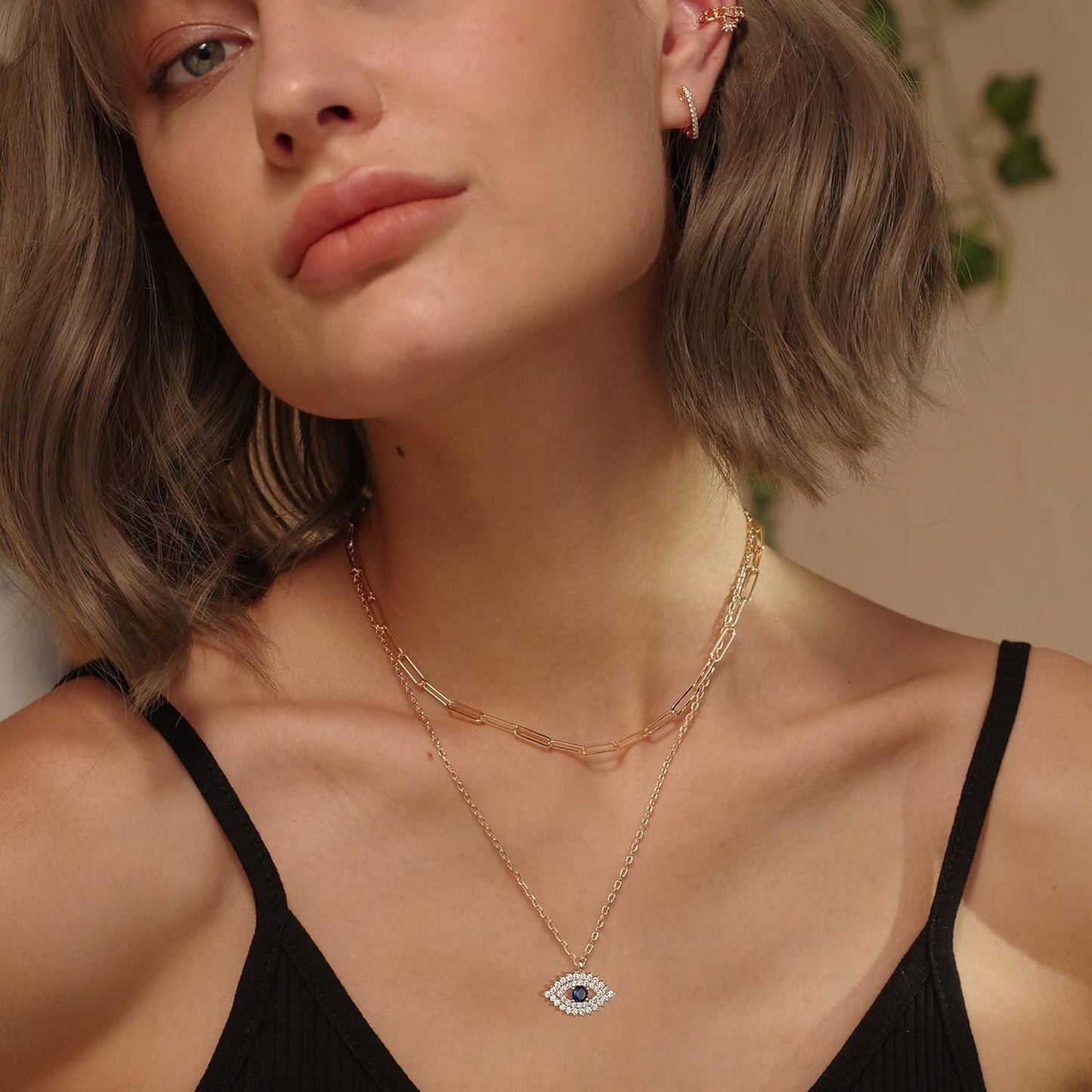 MEVECCO Layered Heart Necklace Pendant Handmade 18k Gold Plated Dainty Gold Choker Arrow Bar Layering Long Necklace for Women