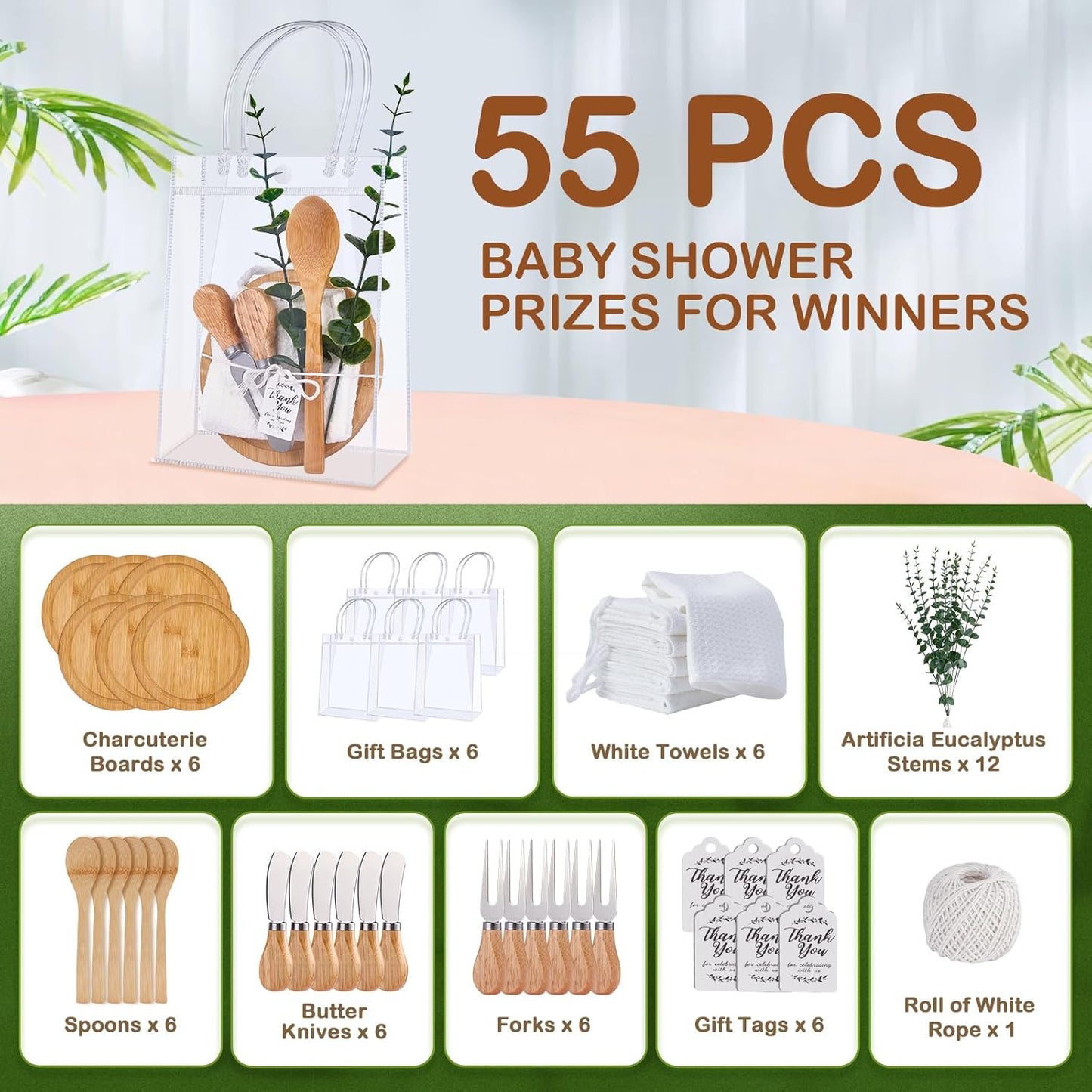 55Pcs Baby Shower Prizes for Game Winners 6 Sets Cheese Board Spoon Fork Butter Spreaders Plaid Towel Thank You Card and Gift Bags for Baby Shower Wedding Bridal Shower Favors (Round Shaped)