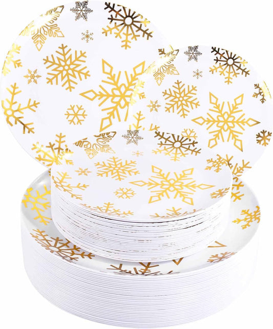 WDF 50 Pieces Plastic Christmas Plates - White and Gold Plates with Snowflake include 25 Dinner Plates, 25 Salad Plates - Disposable Gold Plastic Plates for Christmas Party, Winter