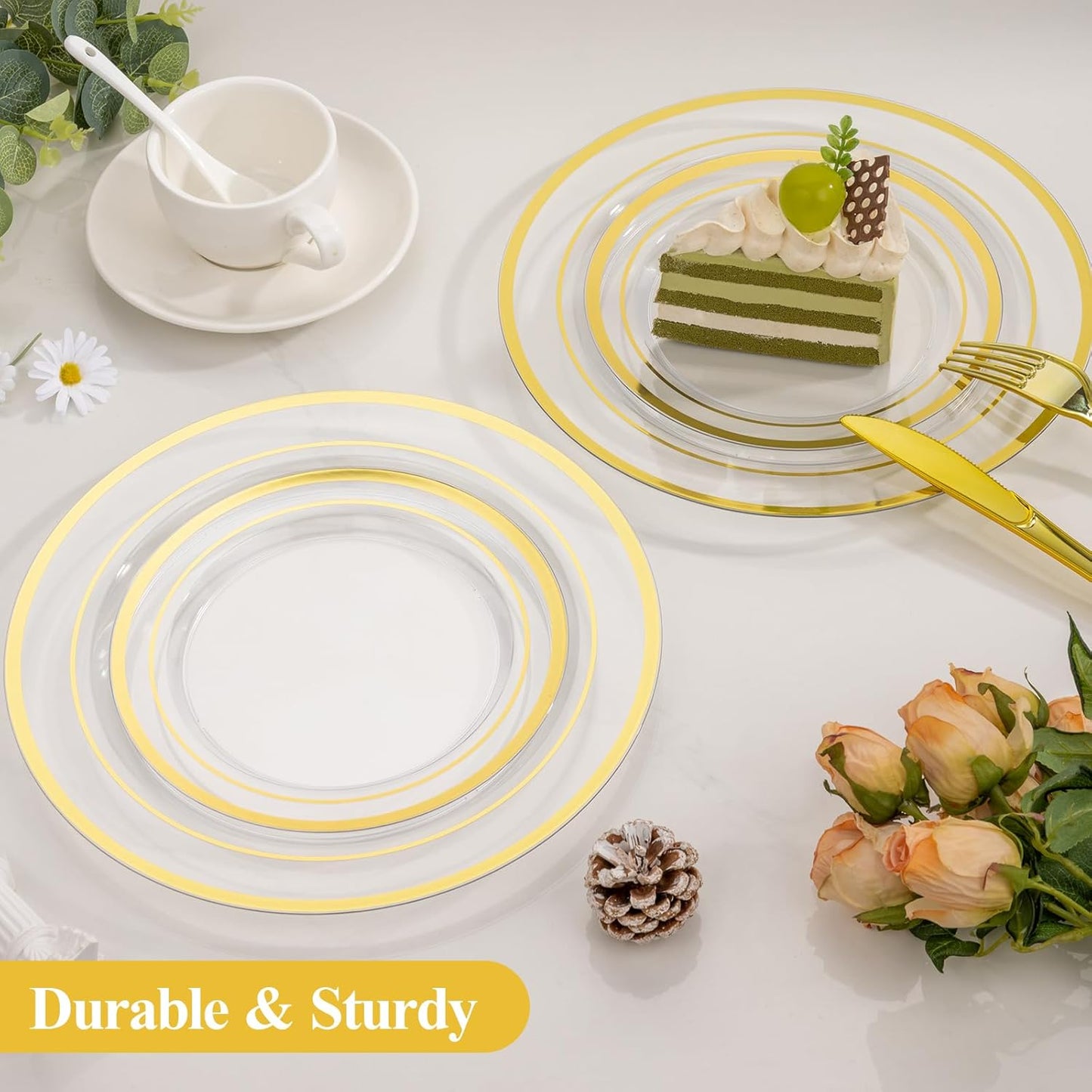 Goodluck 200PCS Clear Gold Plastic Plates, Heavy Duty Disposable Clear Plates with 100 10.25 inch Dinner Plates and 100 7.5 inch Dessert Plates for Party, Holiday, Wedding, Thanksgiving