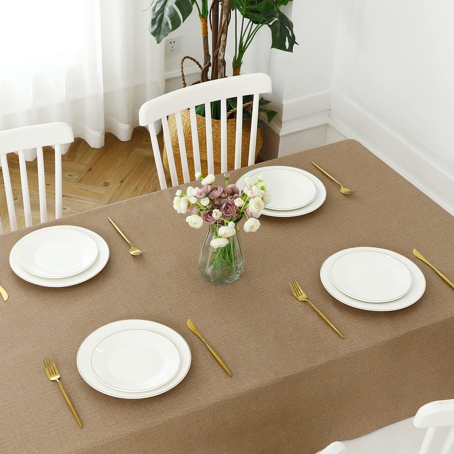 Romanstile 100% Waterproof PVC Tablecloth, Rectangle Oil Spill Proof Stain Resistant Vinyl Table Cloth, Wipe Clean Plastic Table Covers for Kitchen/Dining/Parties - 54 x 78 Inch, Caramel