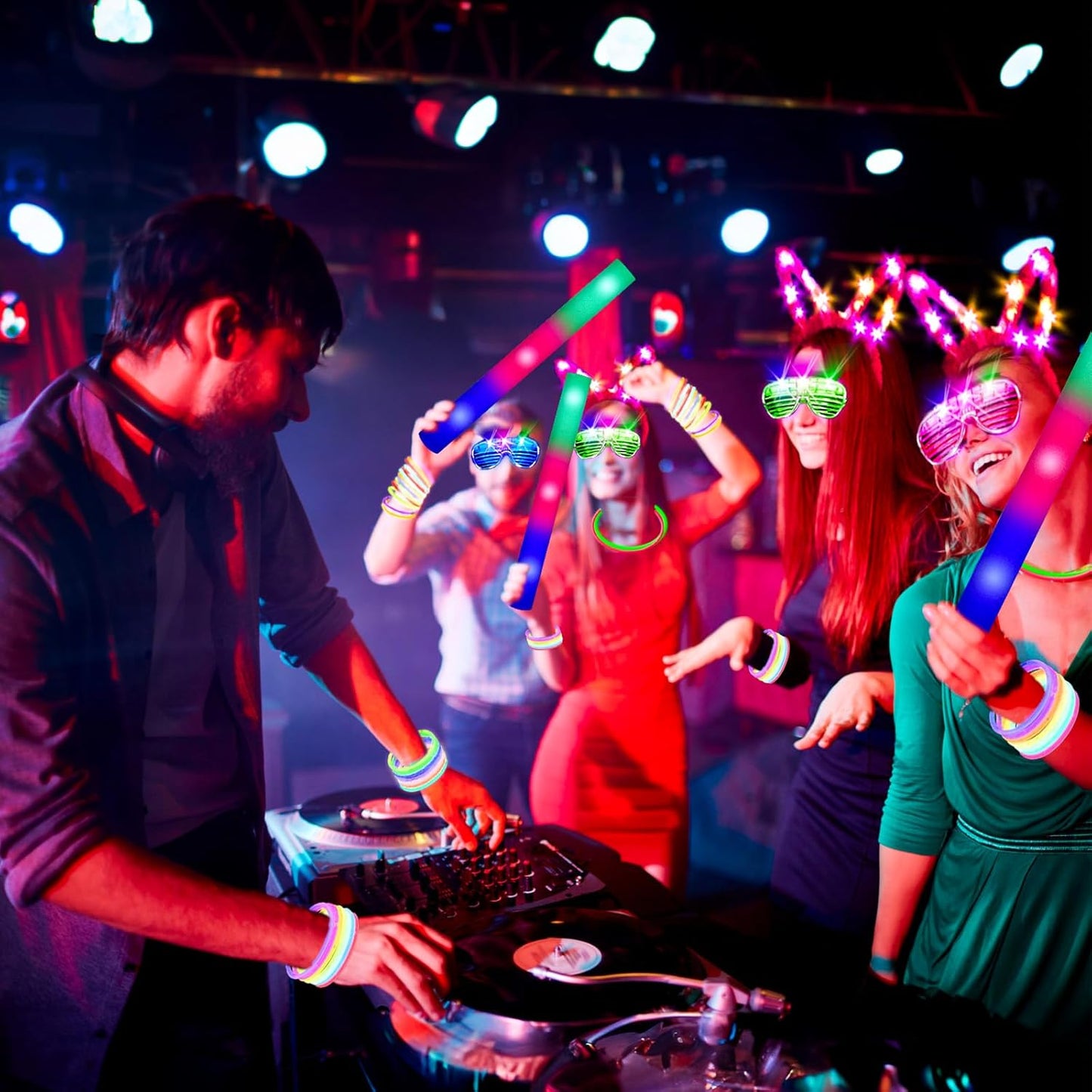 260 PCS Glow in the Dark Party Supplies, New Year Party Favors - 20 Foam Glow Sticks, LED Glasses, Bunny Ear Headbands and 200 Glow Sticks for Kids or Adults