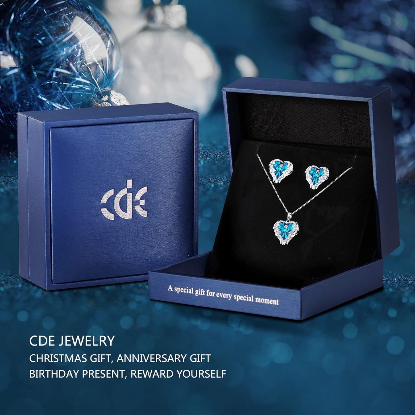 CDE Mothers Day Jewelry Set for Women, Angle Wing Heart Pendant Necklaces and Earrings with Birthstone， Birthday/Anniversary Christmas Jewelry Gift for Women Wife Her