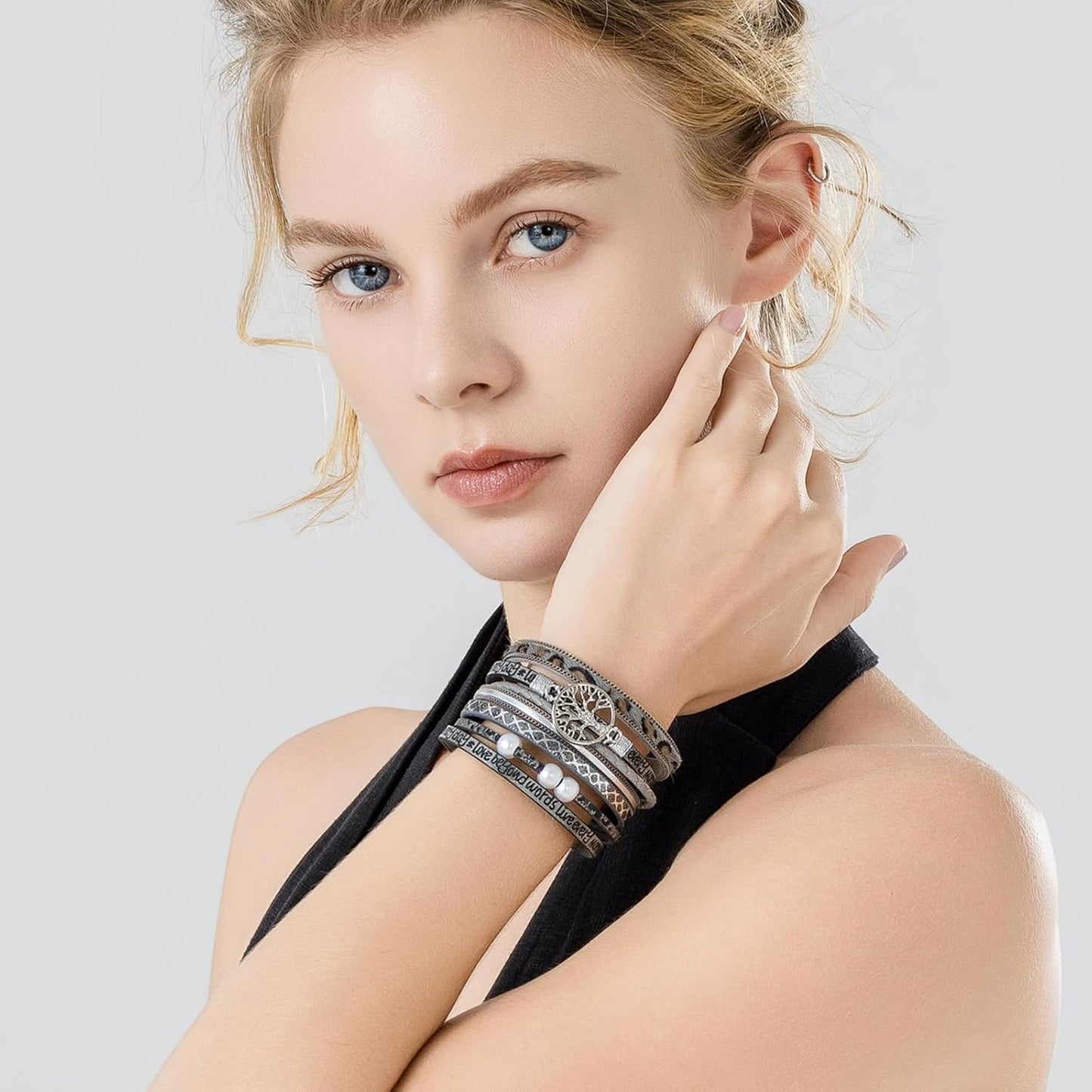 FANCY SHINY Tree of Life Leather Wrap Bracelet Inspirational Cuff Bangles Boho Pearl Bracelets with Magnetic Clasp Unique Jewelry Gifts for Women