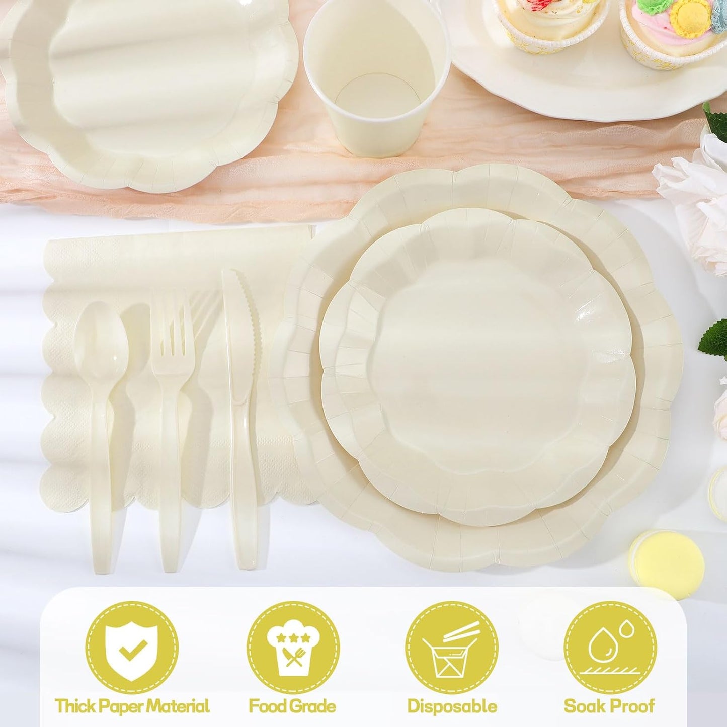 175 Pcs Thanksgiving Ivory Plates and Napkins Set, 25 Guest Cream Party Supplies Include Beige Scalloped Plate Paper Napkin Cup Fork Knives Disposable Plastic Cutlery for Wedding Baby Shower