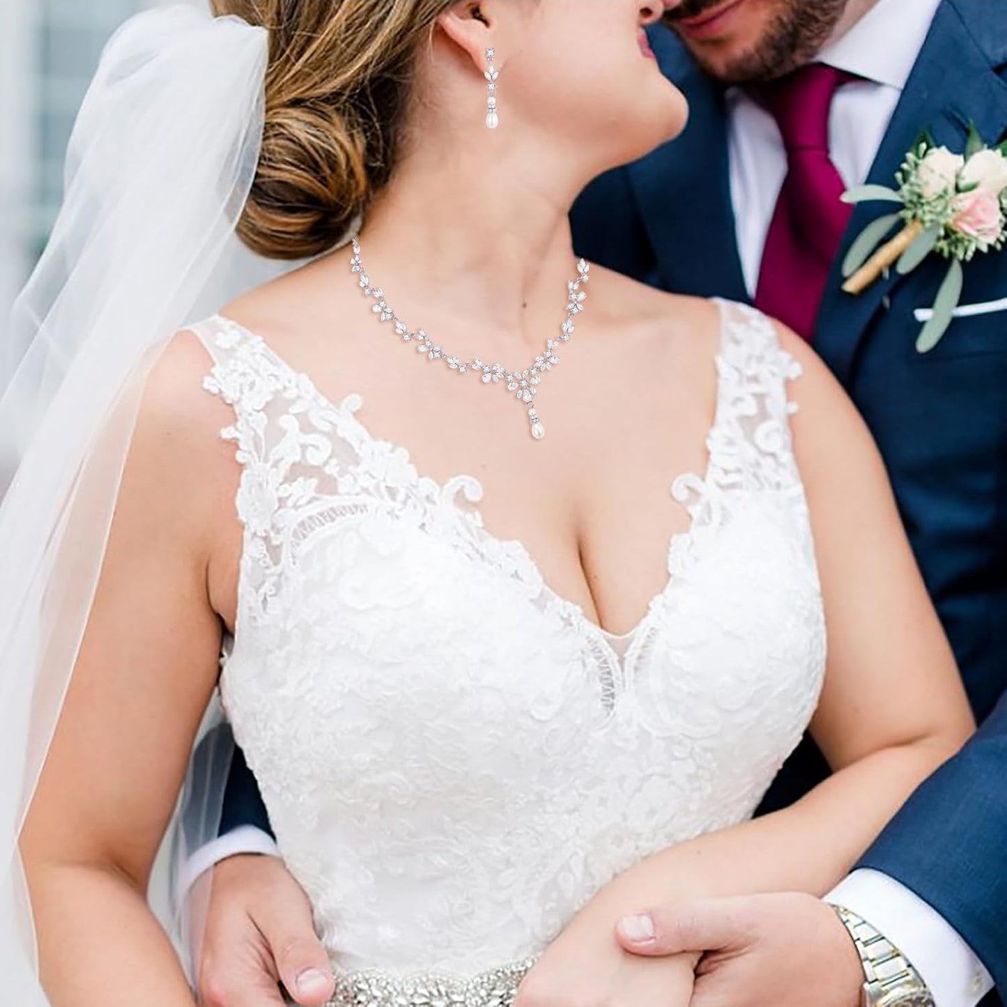 EVER FAITH Bridal Jewelry Set for Bride Bridesmaid, Flower Leaf Teardrop Cubic Zirconia Necklace Dangle Earrings Bracelet Sets Wedding Party for Women