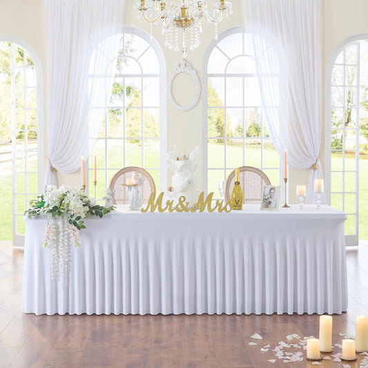 1 Pack White Spandex Tablecloth 8ft with Pleats Skirt, Wrinkle Free High Stretch Fitted Tablecloths for 8 Foot Rectangle Tables, Ruffle Elastic Spandex Table Covers 8ft for Parties Weddings Banquet