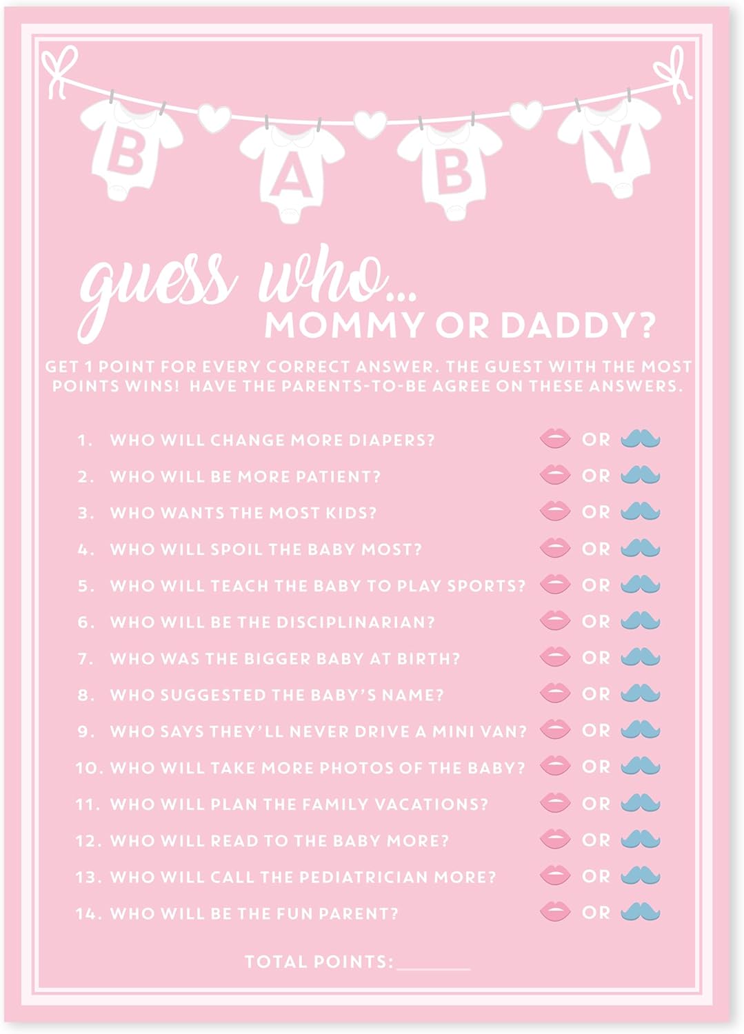 Party Hearty Baby Shower Games for Girl, 50 pcs Pink Mommy or Daddy Guess Who Game, Fun Activity Cards, Ideas