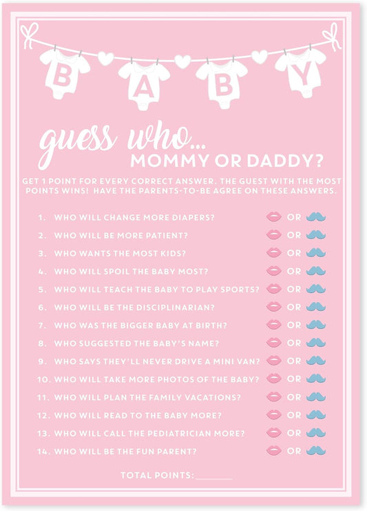 Party Hearty Baby Shower Games for Girl, 50 pcs Pink Mommy or Daddy Guess Who Game, Fun Activity Cards, Ideas