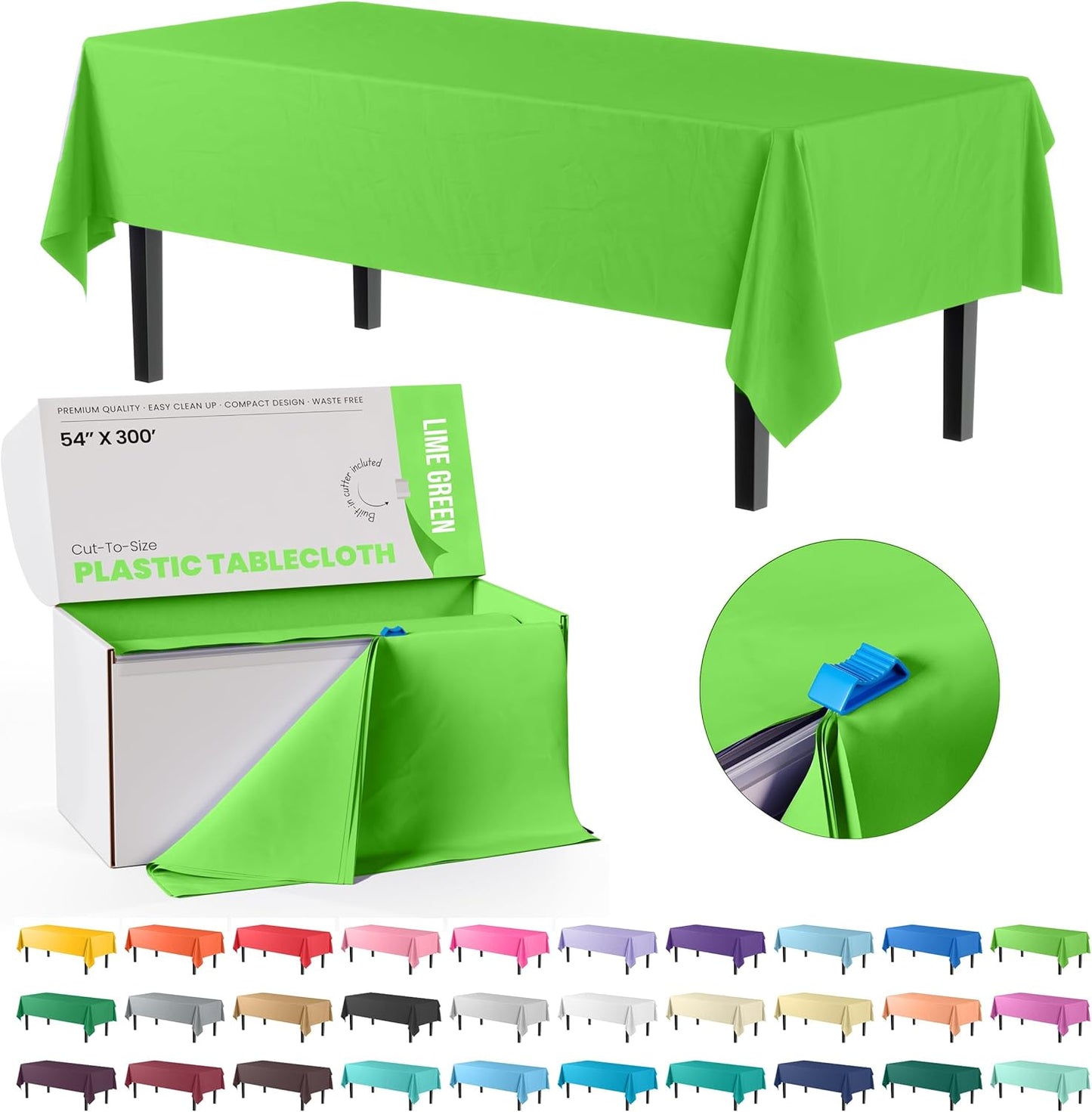 Exquisite Lime Green Plastic 54x300in Tablecloth Roll, Heavy Duty Disposable, Waterproof, Built-in Cutter, 36 Rectangle Table Covers, All-Season