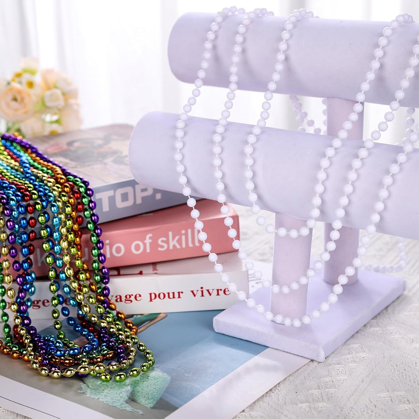 48 Pack Mardi Gras Beads Necklaces, 33 Inch Plastic Beads for Party Favors, Festival Decorations, Parade Throws, Christmas, St. Patrick's Day Celebrations