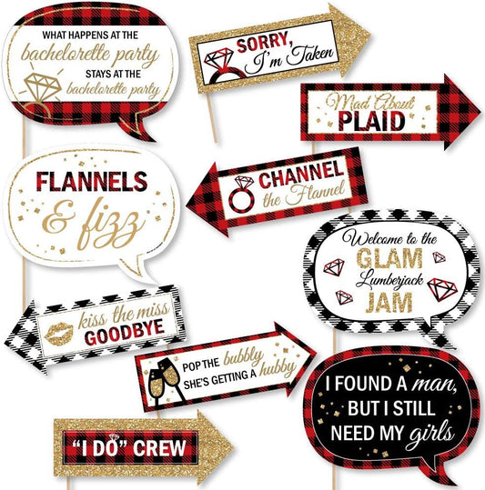 Big Dot of Happiness Funny Flannel Fling Before the Ring - Buffalo Plaid Bachelorette Party Photo Booth Props Kit - 10 Piece