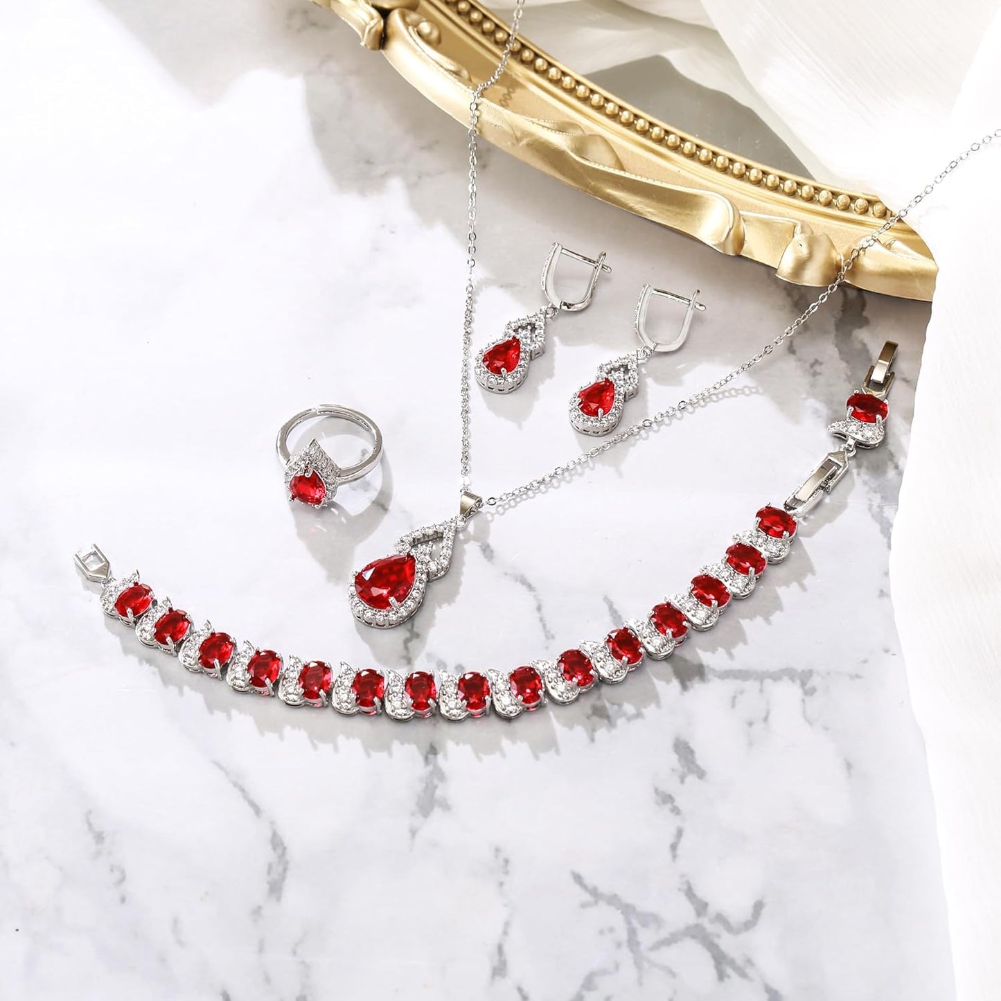 BriLove Wedding Jewelry Set for Women Bride Bridesmaid, Gorgeous Cubic Zirconia Teardrop Necklace Earrings Bracelet Adjustable Ring Jewelry Gift for Birthday/Anniversary/Mother’s Day