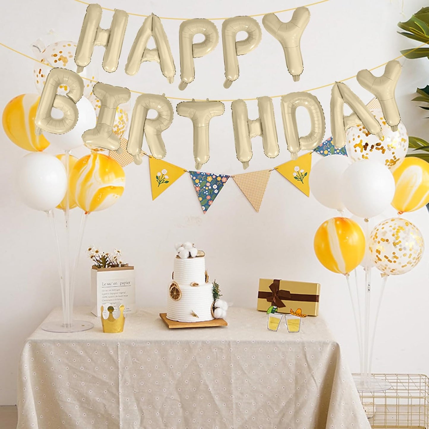 LIOZEOKUN Happy Birthday Balloon Letters 16 inch Mylar Foil Birthday Balloons Banner Sign for Birthday Party Decorations Supplies (Cream)