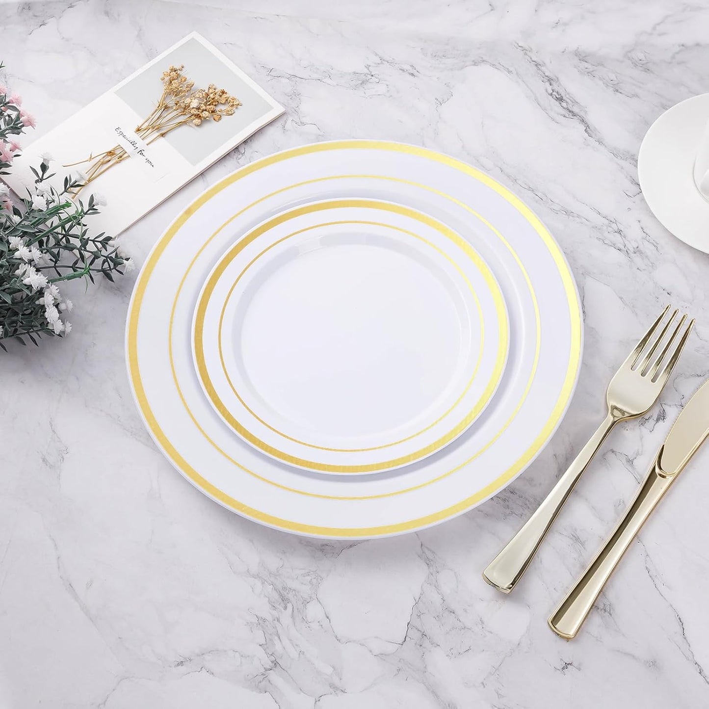 BESTVIP 50PCS Gold Plastic Plates, 10.25 Inch Disposable Dinner Plate Party with Gold Rim, Heavy Duty Disposable Plastic Plates for Christmas, Thanksgiving, Party, Wedding and Birthday