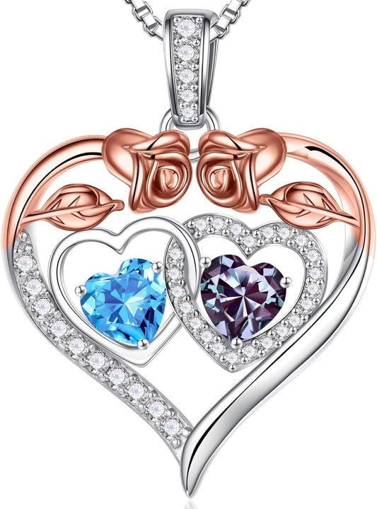 Iefil Double Birthstone Necklace Gifts for Wife Girlfriend Her Women, Birthstone Jewelry Gemstone Valentines Birthday Gifts for Her Women Wife Mom Grandma