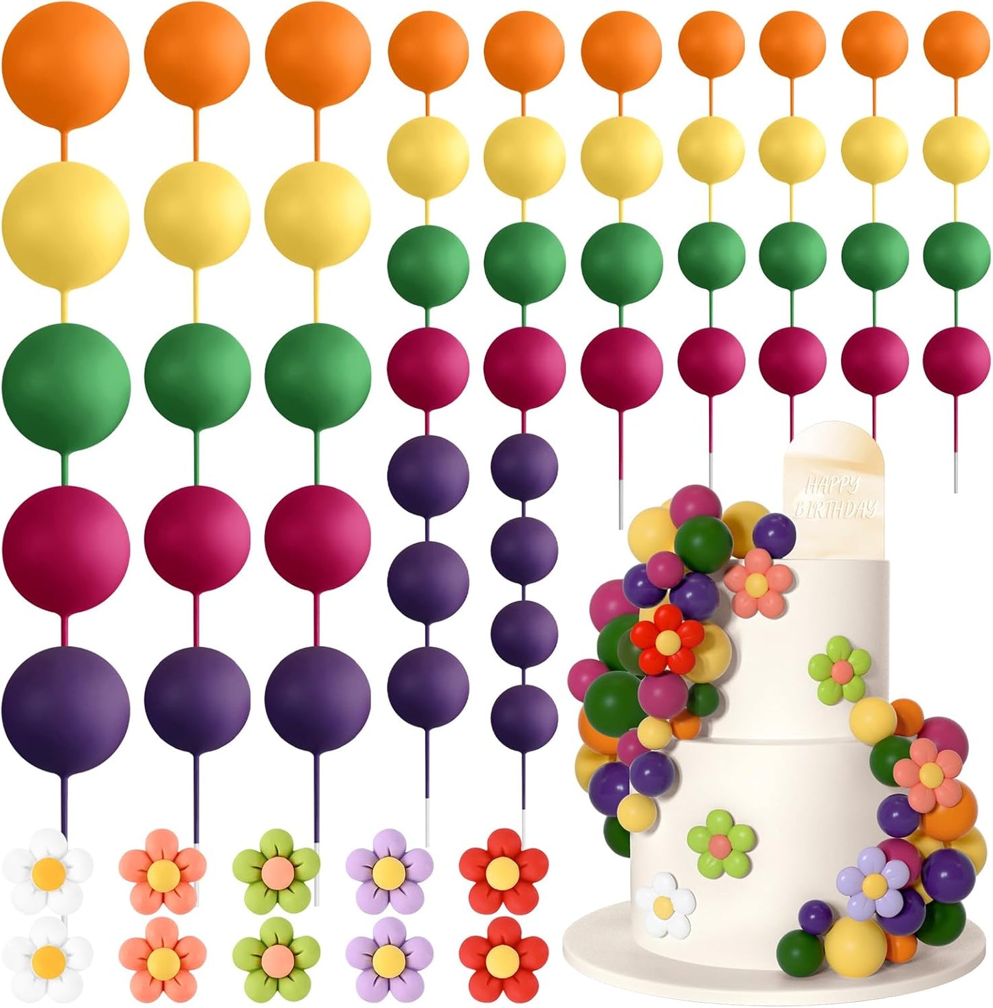 61 Pcs Boho Cake Topper Balls Decorations Mini Balloon Retro Hippie Daisy Flower Acrylic Cake Topper for Birthday Party Wedding Rainbow Baby Shower (Rainbow Colors)