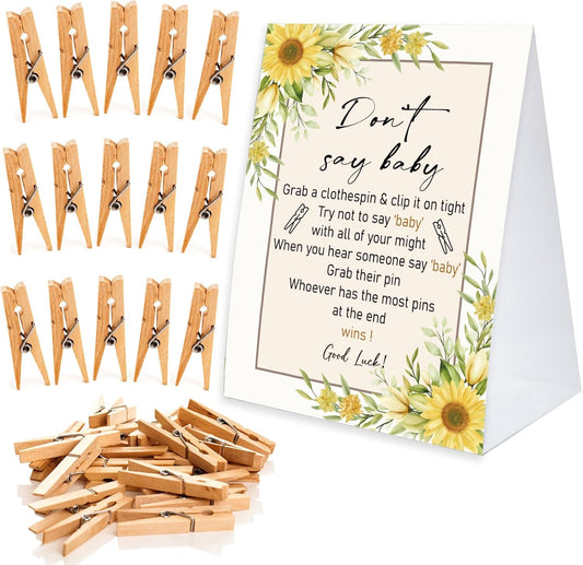 Don't Say Baby Game For Baby Shower Clothespin Game, One 5x7 Coated Paper Sign And 50 Natural Clothespins, Sunflower Theme, Gender Neutral -NDSBB11