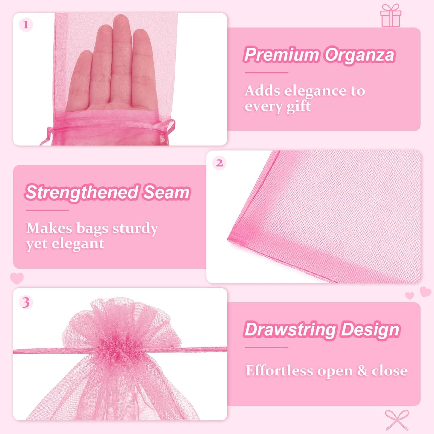 Crweety 50 Pcs Pink Organza Bags 6x9 Inch, Premium Mesh Gift Bags for Wedding Baby Shower Party Favors, Small Mesh Bags Drawtring for Candy Jewelry Gifts, Cute Sachet Bags