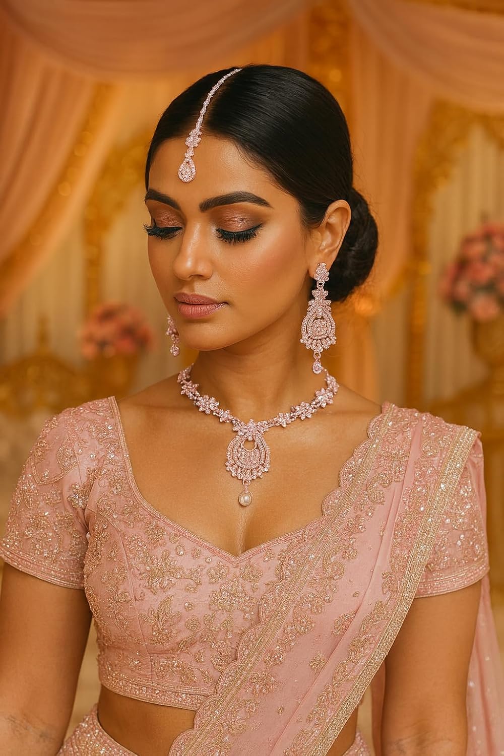 Touchstone Indian jewelry sets for women maang tikka wedding guest gold necklace bollywood jewellery set pageant elegant prom bride accessories western crystal chunky rhinestone necklaces