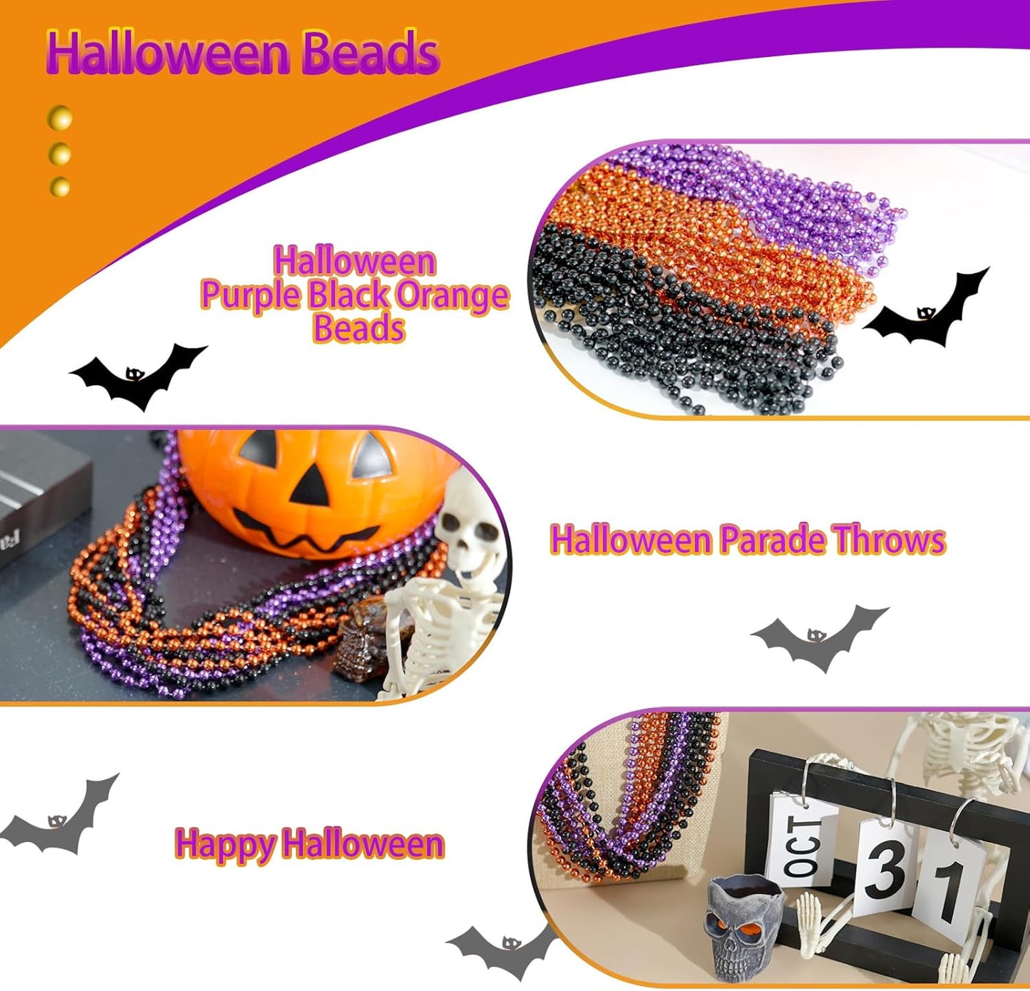 SHAOQINLIN 144PCS Halloween Bead Necklace, Purple Black Orange Bead Necklaces, 33" Metallic Beaded Party Necklaces for Halloween Parade Throws Halloween Trick or Treat Decorations