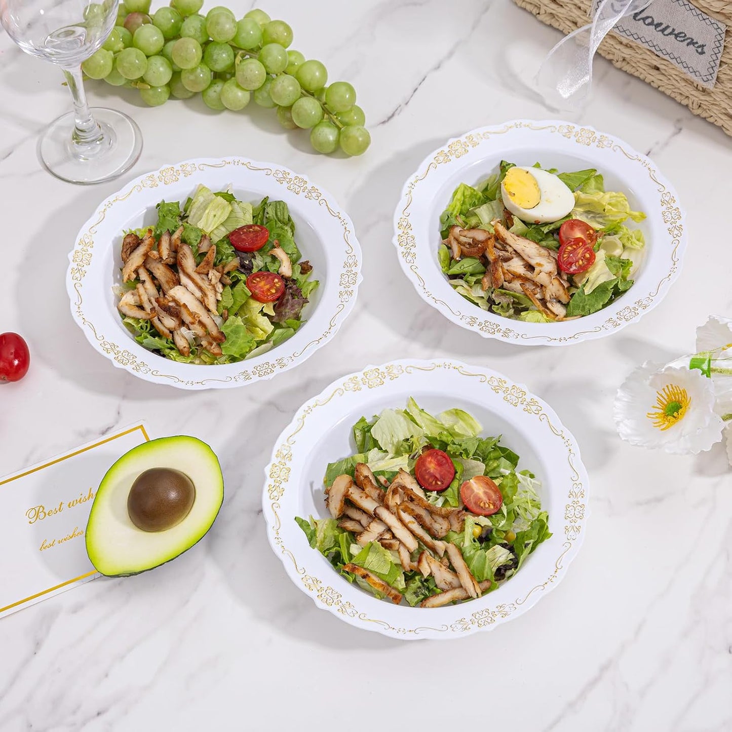 DaYammi 50 Pack Plastic Bowls with Gold Rim, 12oz Disposable Soup Bowls, Heavy Duty Dinner Bowls for Weddings, Parties, Dinners, Catering and Everyday Use