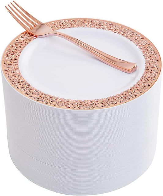 WDF 200 Pieces Rose Gold Dessert Plates with Forks, 100Pcs Lace Design Cake Small Rose Gold Appetizer Plates 7.5" and 100 Pcs Forks 7.4" for Wedding/Party