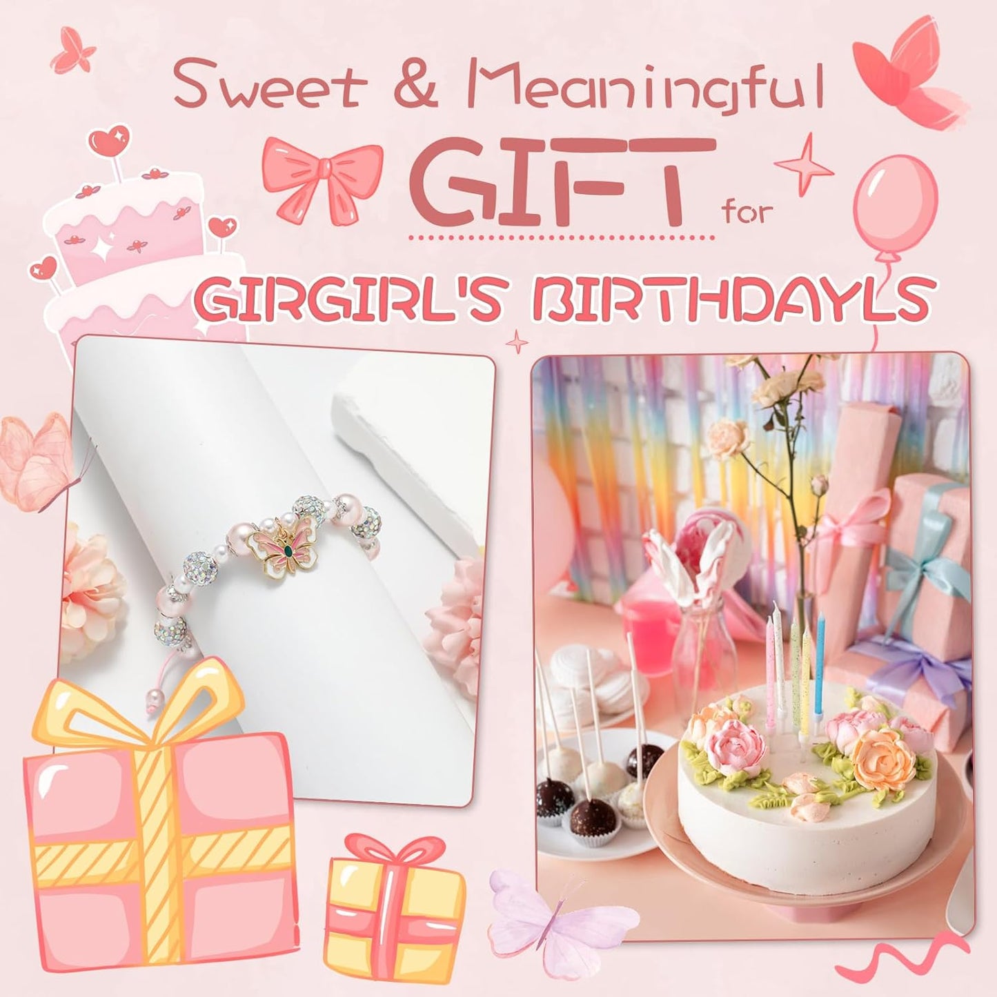 Artlunar Pink Pearl Butterfly Bracelet for Girls, Adjustable Sliding Knot (5.2”-9”) Stainless Steel & Pearl Charm – Kids Birthday Gift Jewelry for Daughter, Granddaughter, Niece