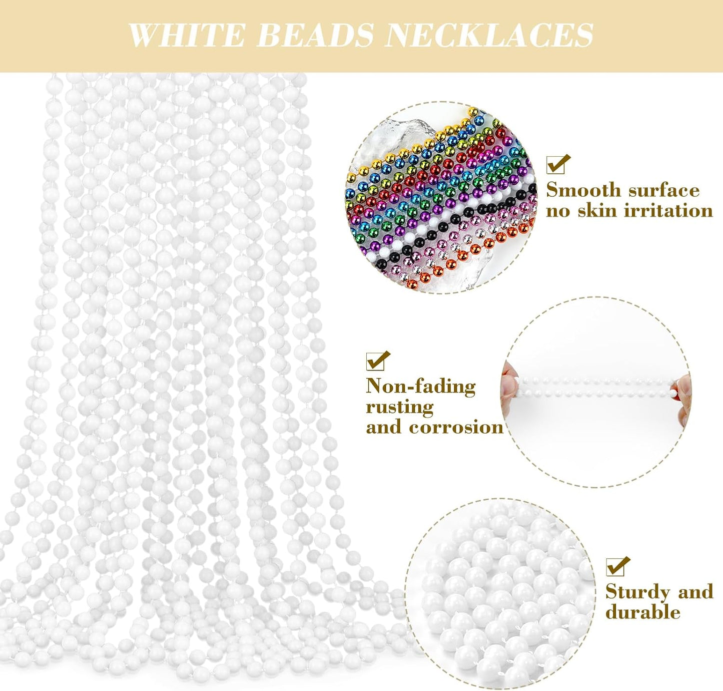 24 PCS White Mardi Gras Beads, 33" White Bead Necklaces Party Costume Necklace Round Parade Throw Beads in Bulk for Mardi Gras Christmas Festive Events, Party Favors