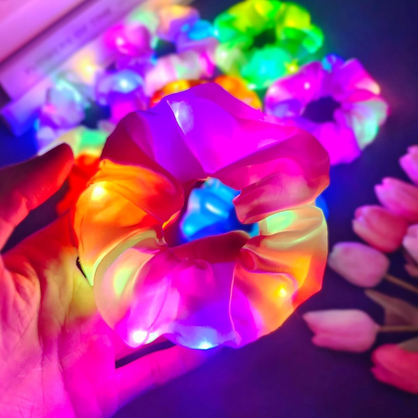 8 PCS Light up Scrunchies for Girls, Glow in the Dark Party Supplies, 3 Glow Mode Satin Scrunchy, LED Hair Accessories for Birthday Party, Rave Party, Festival & Sleepover Party
