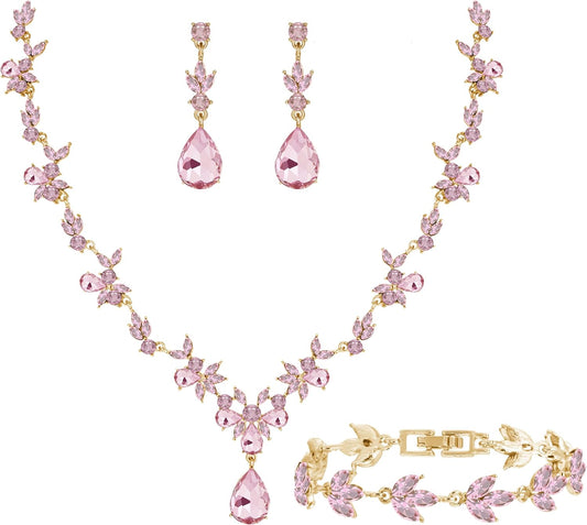 Bridal Wedding Elegant Floral Jewelry Set for Women/Brides/Bridesmaids Crystal Jewelry Set for Wedding Prom Party Bridal Crystal Necklace Earrings Bracelet Set