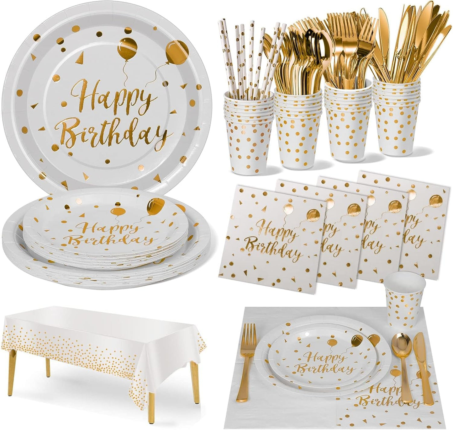 Birthday Party Tableware, 161 Pieces White Gold Party Supplies, Party Dinnerware Sets Include Paper Plates Napkins Cups Silverware, for Shower Engagement Parties Decoration -20 Serves