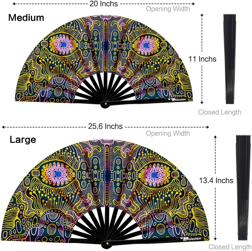 UV Glow Rave Fan, Bamboo Folding Clack Hand Fans Foldable for Men Women, Boots on the Ground Poping Fan for EDM Festival Line Dance Decoration, (Space Psychedelic, Medium 11")