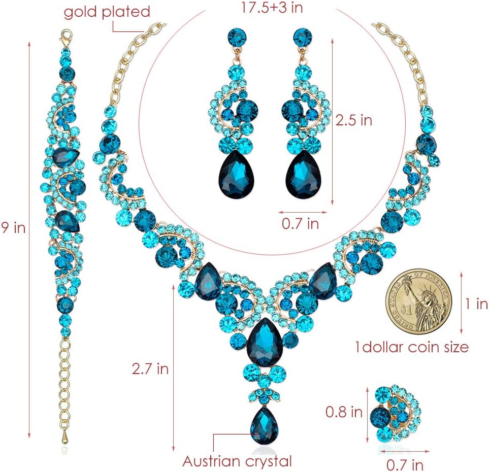 CSY Elegant Crystal Necklace Earrings Bracelet Ring Bridal Wedding Party Costume Jewelry Sets for Brides Women