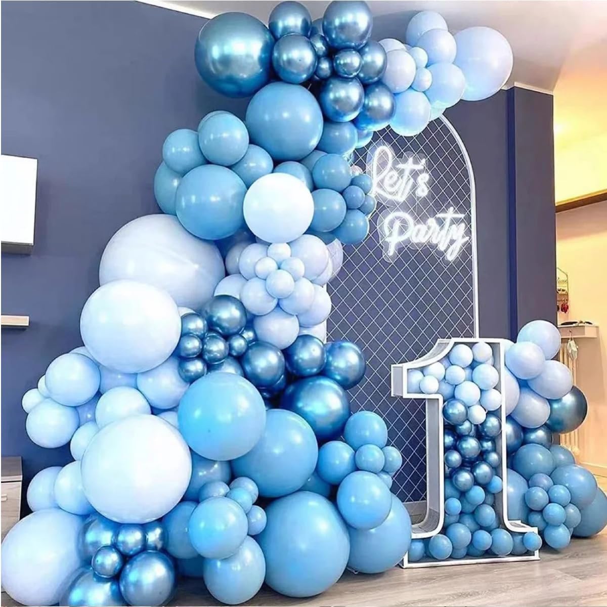 Blue Balloons Garland Arch Kit, 147 Pcs Metallic Macaron Light Blue and Confetti Silver Balloons for Baby Shower Birthday Wedding Ocean Themed Party Background Decoration