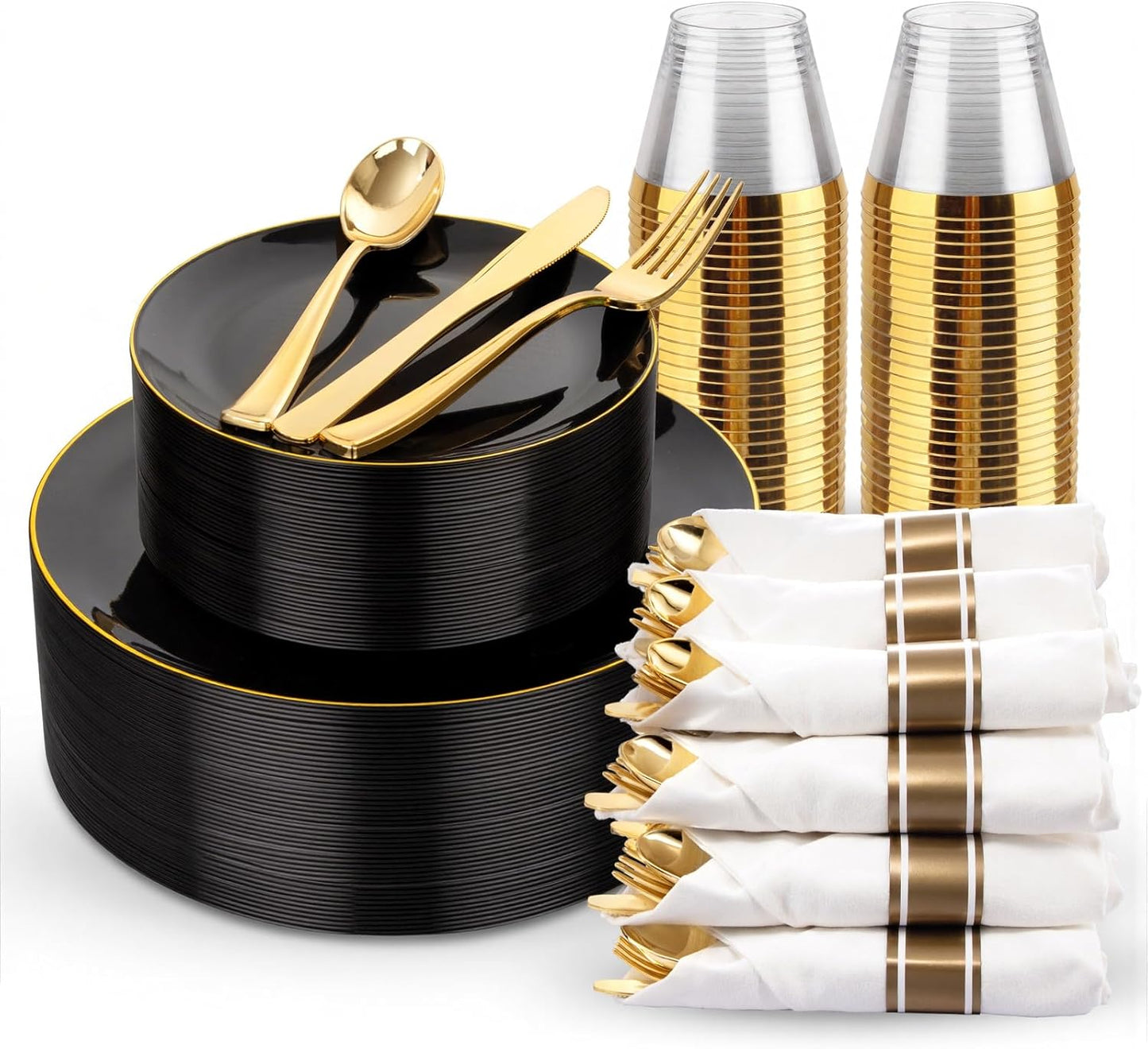 KIRE 175Pcs Black Plates Disposable - Heavy Duty Black and Gold Plastic Plates- 25 for Dinner 25 for Dessert 25 Pre Rolled Gold Silverware and 25 Cups for New Year/Birthday Party