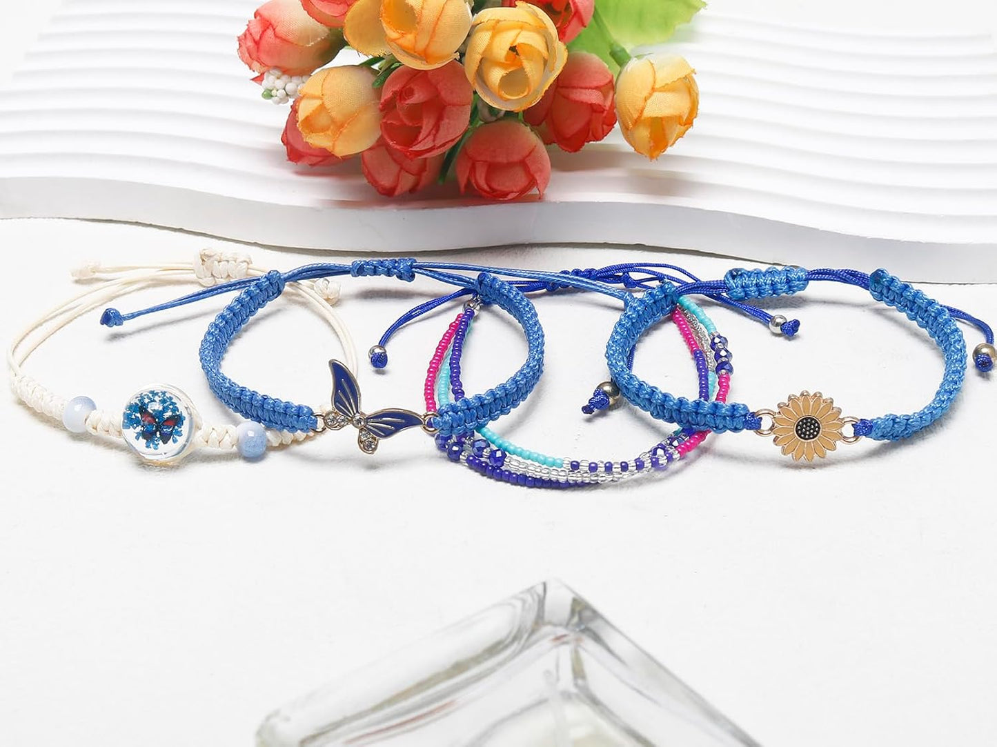 DS 4PCS String beads Charm Bracelets for Teen Girls Dainty cute cartoon Butterfly Daisy Eternal flower Beads Bracelets set for woman and girls Adjustable Stretch bracelet birthday Gift For Friends