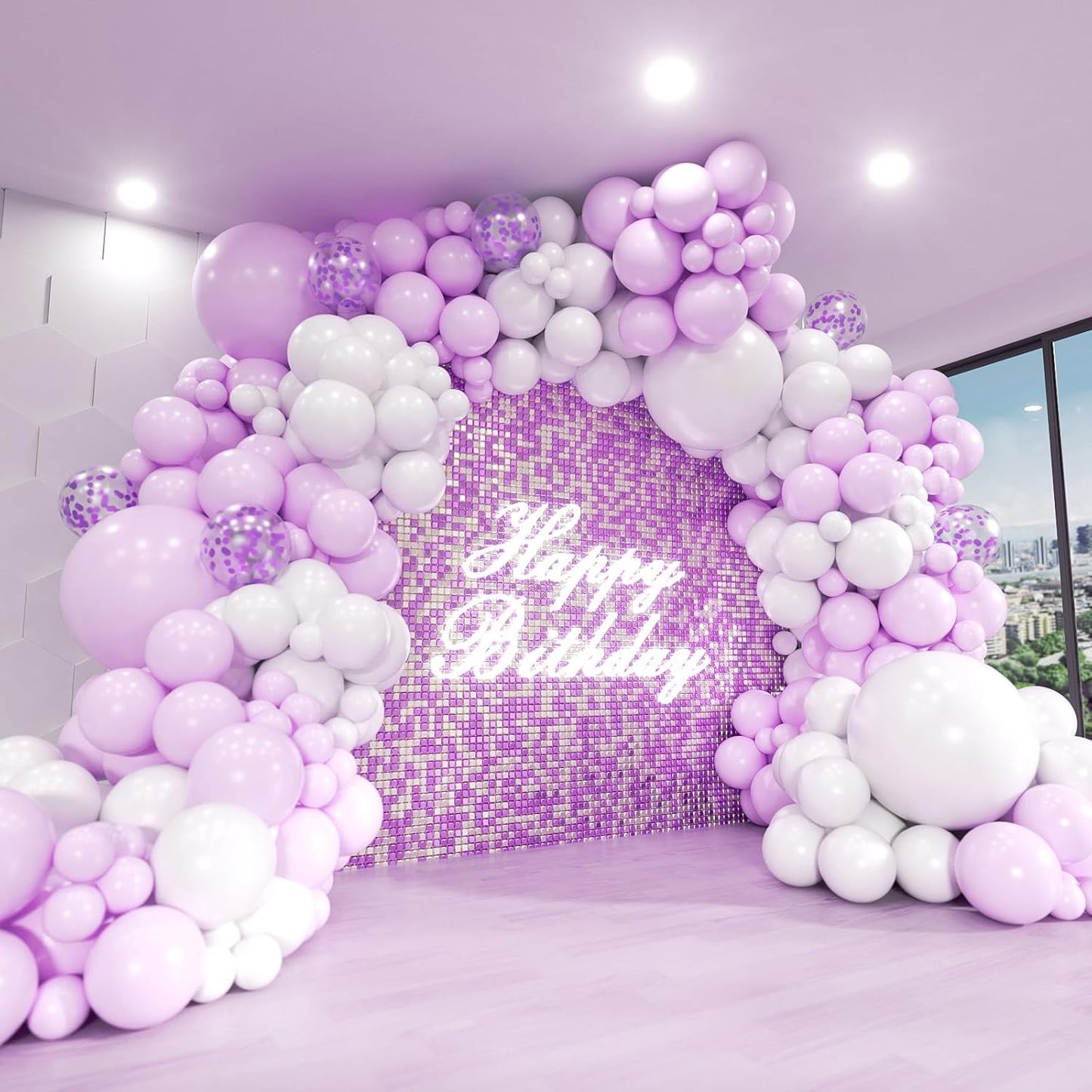 Purple Balloon Arch Kit, 140Pcs Light Purple White and Confetti Balloons Different Size Balloons for Baby Shower Bridal Shower Birthday Wedding Girl Princess Anniversary Party Decorations