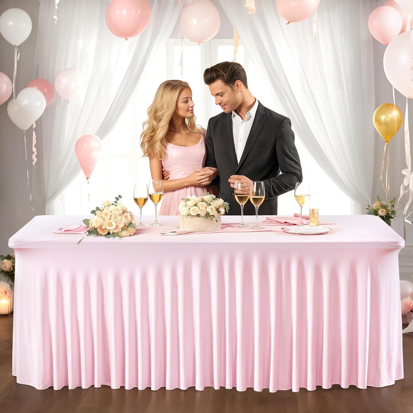 PARTISKY Pink Spandex Tablecloth for 6ft Rectangle Tables, Stretchable Table Cover Skirt for Folding Tables Weddings Parties Banquets Events Trade Shows and Dessert Table