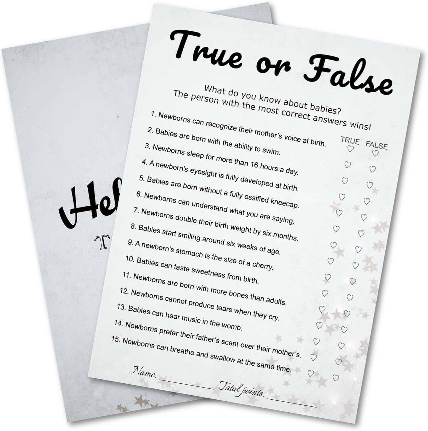 Baby Shower True or False Trivia Game Cards - 30 Player Minimalist Party Game Kit, Light Gray Stars Design, Ready to Play with Answer Keys, 5x7 Inch (True or False)