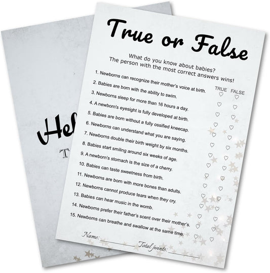 Baby Shower True or False Trivia Game Cards - 30 Player Minimalist Party Game Kit, Light Gray Stars Design, Ready to Play with Answer Keys, 5x7 Inch (True or False)