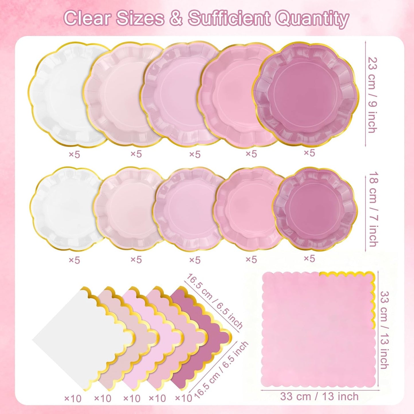 100 Pcs Dusty Pink Paper Plates and Napkins Gold Foil Scalloped Paper Plates & Napkins Disposable Tableware Set for Birthday Wedding Baby Shower Party Decorations