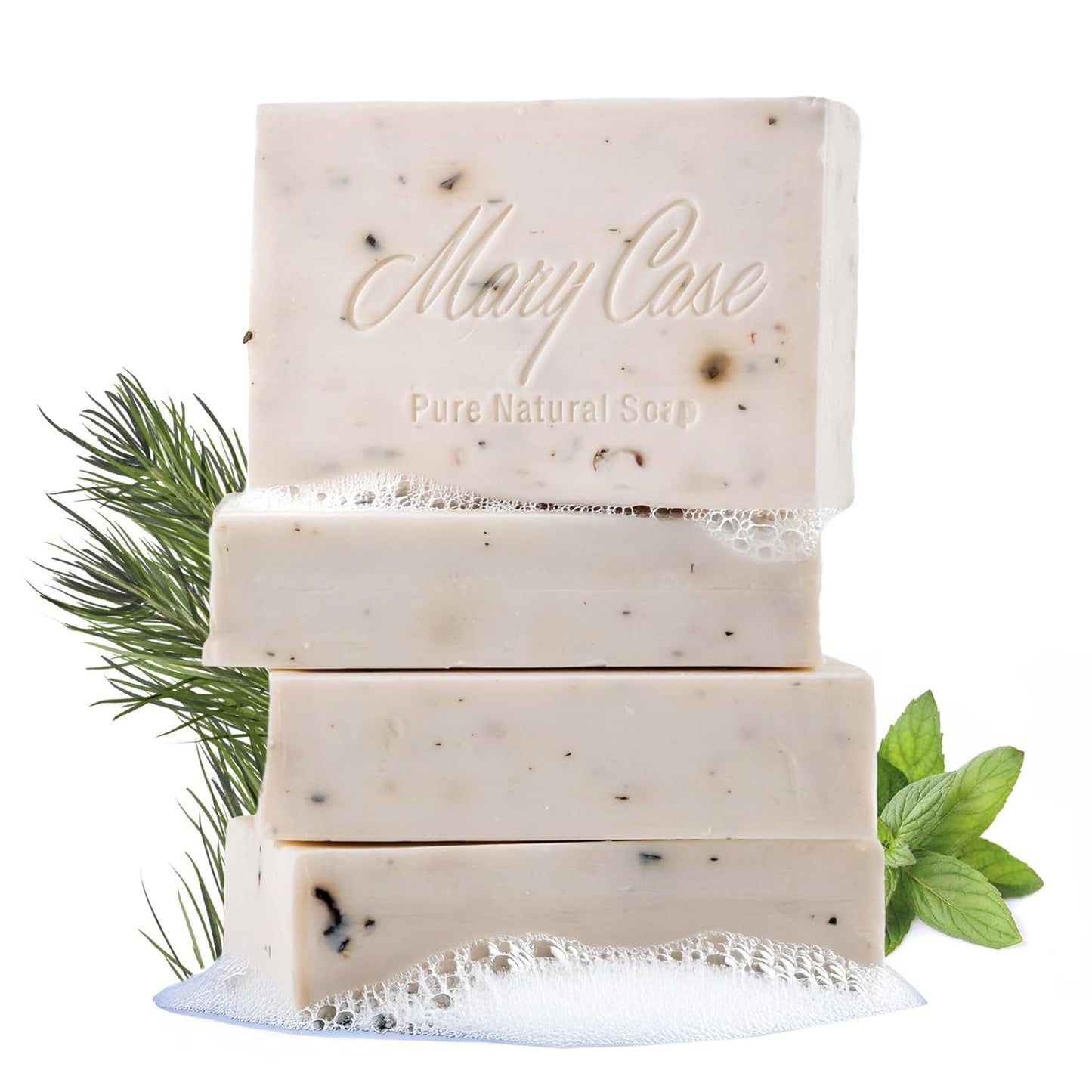 Mary Case All Natural Bar Soap for Men & Women (Set of 4) - Pine Tar Bath Soap Bar with Olive, Coconut, and Pine Oils & Dried Mint Leaves - Vegan Bath Soaps for Revitalizing & Soothing Skin