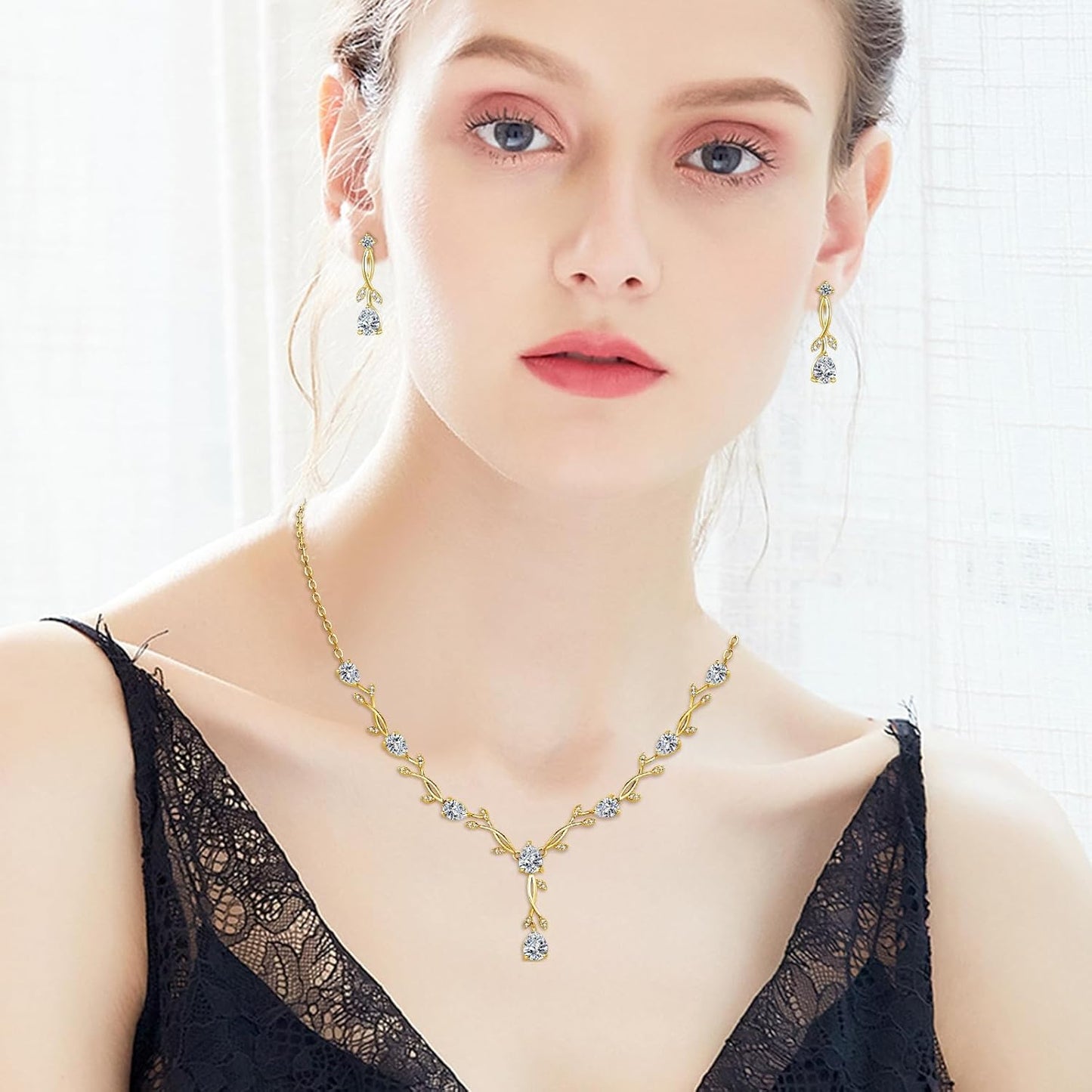 Hadskiss Jewelry Set for Women, Necklace Dangle Earrings Bracelet Set with White AAA Cubic Zirconia, Allergy Free Wedding Party Jewelry for Bridal Bridesmaid