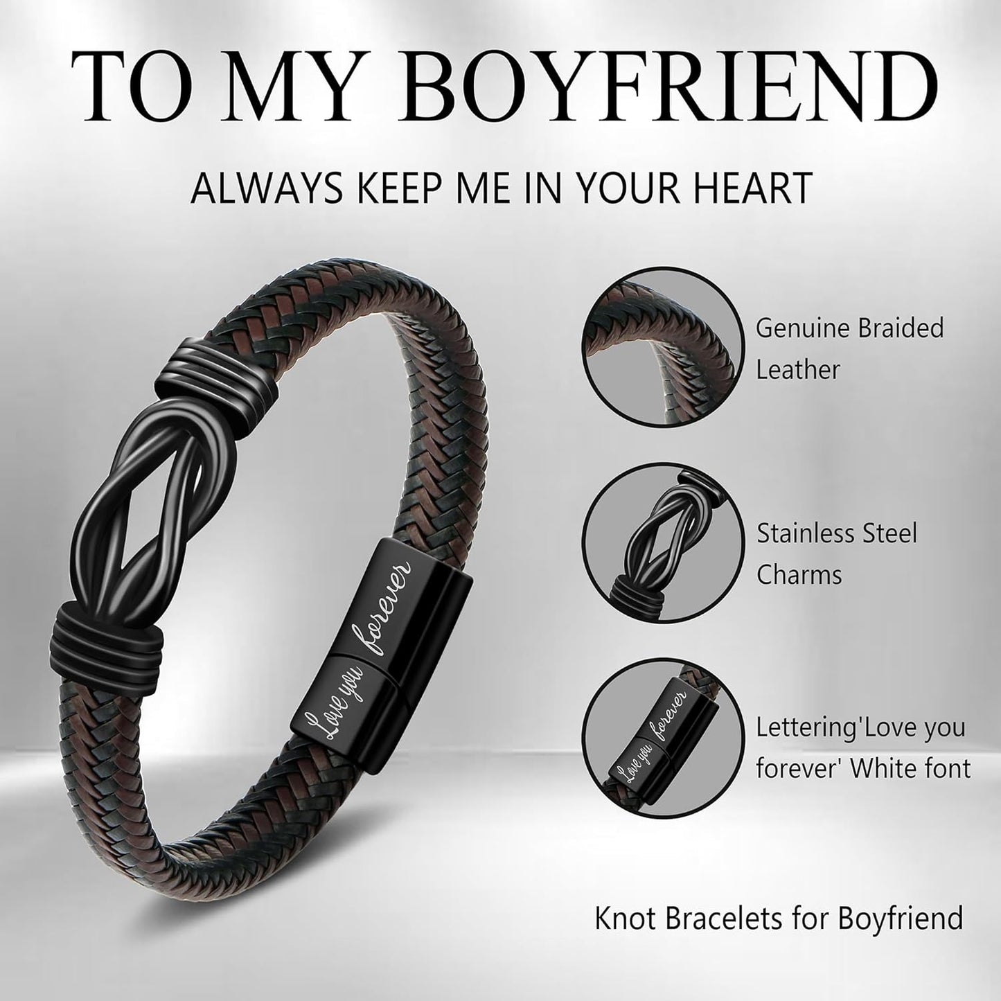 𝗞𝗻𝗼𝘁 𝗕𝗿𝗮𝗰𝗲𝗹𝗲𝘁 𝗚𝗶𝗳𝘁𝘀 𝗳𝗼𝗿 𝗠𝗲𝗻 Brown Braided Leather Stainless Steel Infinity Bracelets Lettering Love You Forever Gifts for Son Grandson Husband Boyfriend Brother Always Linked Together