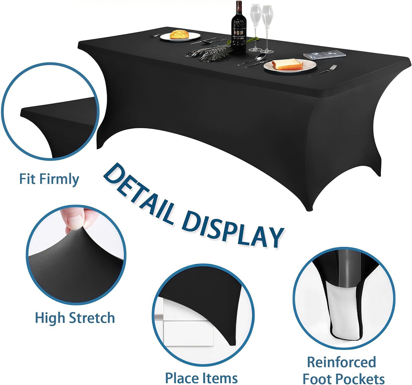 6FT Black Table Cloth - 4 Pack Fitted Stretch Rectangle Spandex Tablecloth, Washable Table Cover for Party, Picnic, Wedding, Banquet, Birthday and Festival(30" x 72")