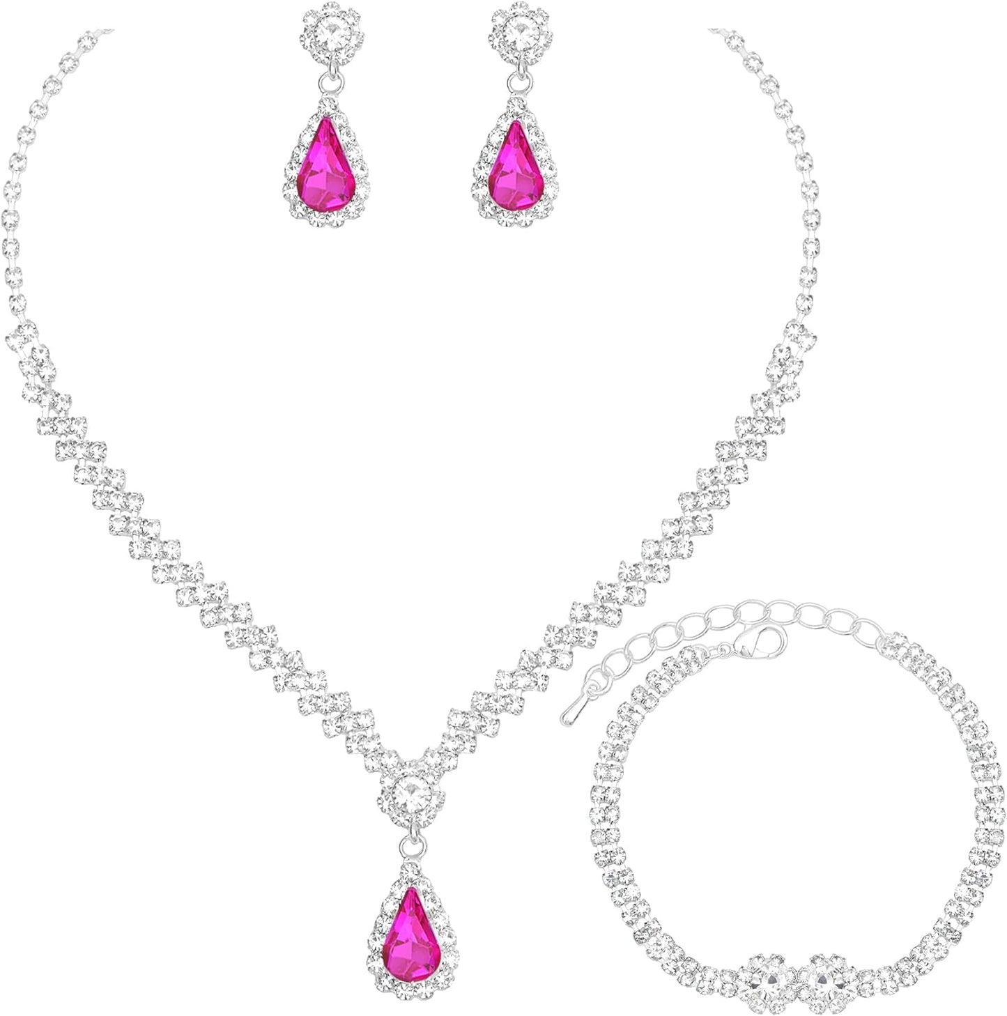 HONGLU Elegant Crystal Necklace Earrings Bracelets Set Silver Bridal Wedding Jewelry Sets Bride Bridesmaids Prom Formal Costume Accessories for Women